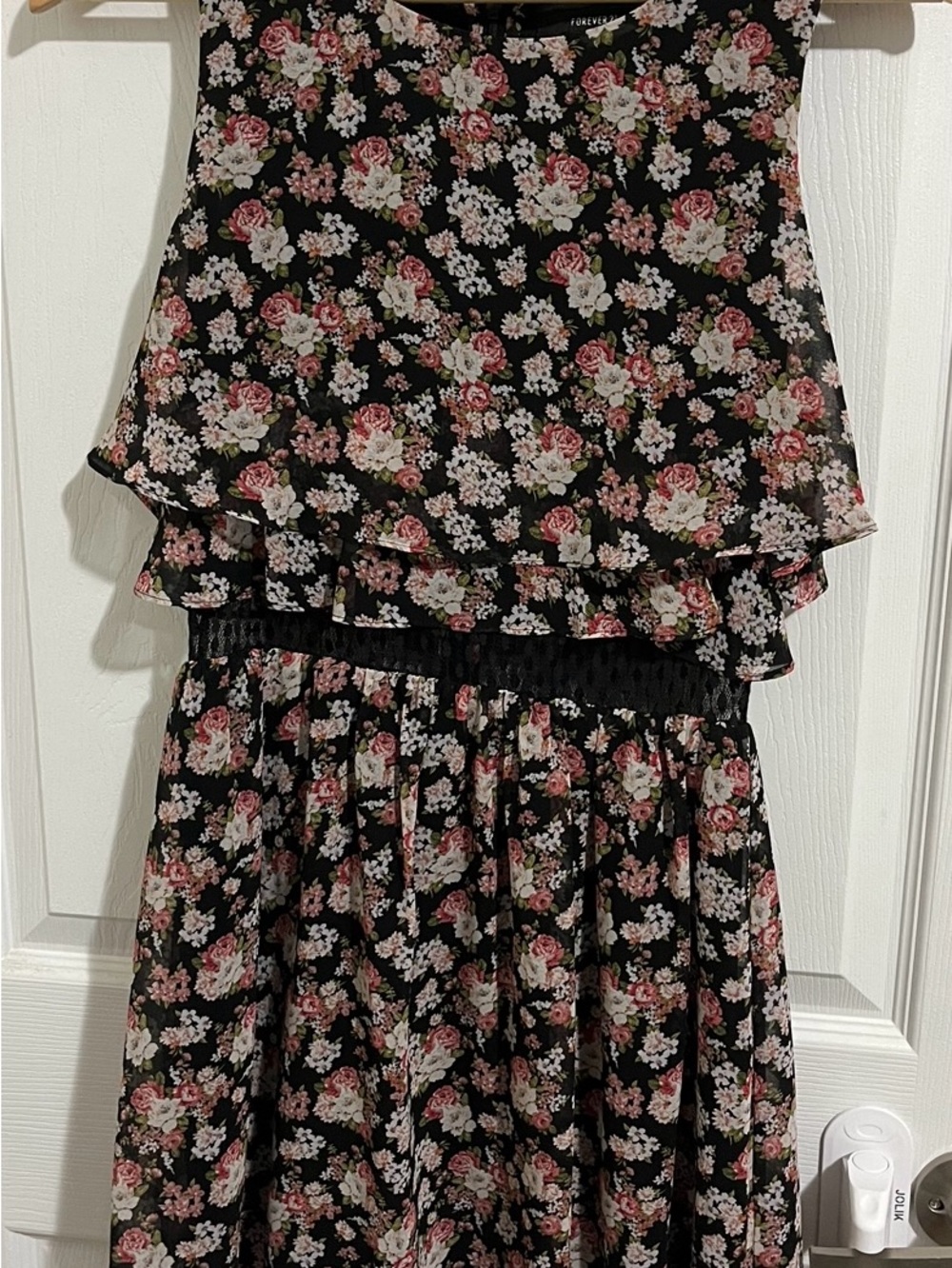 Forever 21 Black Floral Ruffle Midi Dress with Pink and White Roses